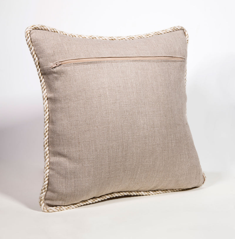 Cushion with tab and embroidered motif in Bulldog wool