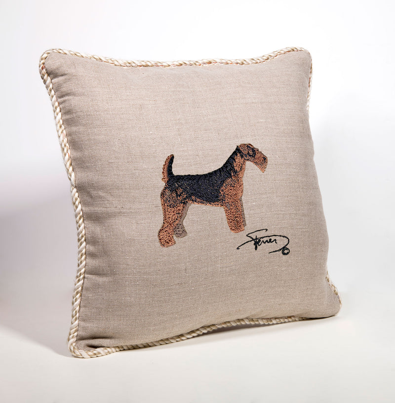 Cushion with tab and embroidered motif in Airedale Terrier wool