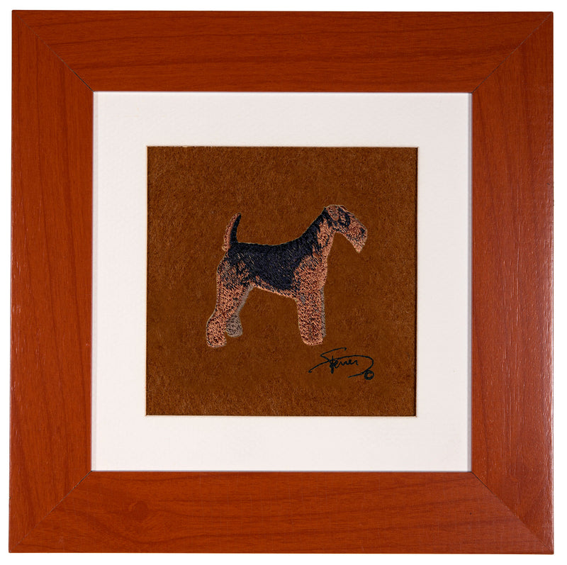 Painting with colorful wooden frame embroidered Airedale Terrier motif