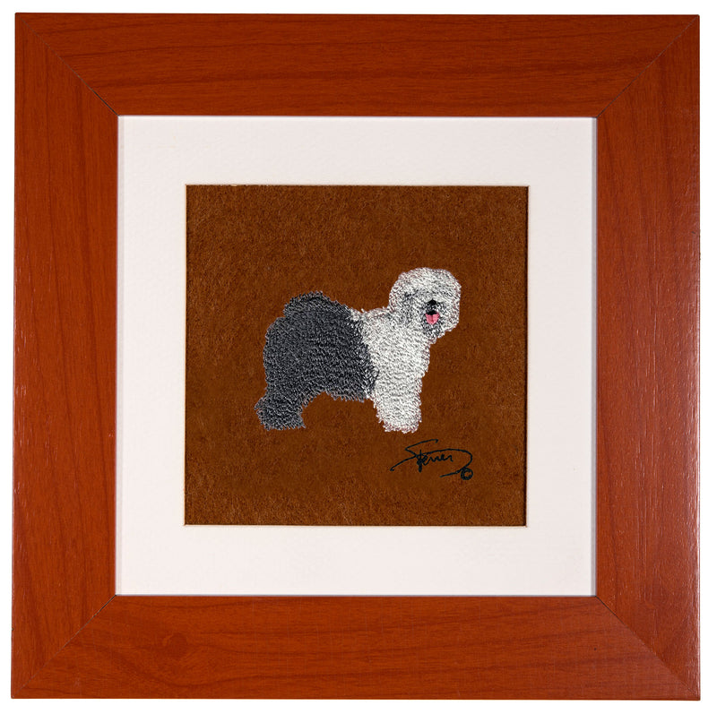 Picture with colorful wooden frame Bobtail embroidery motif