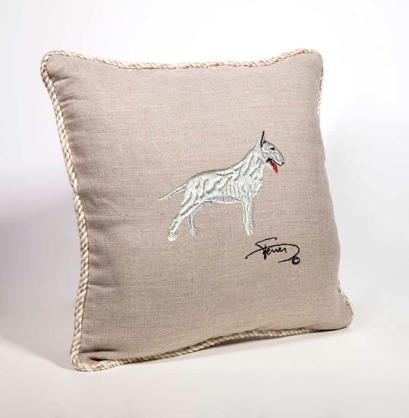 Cushion with tab and embroidered motif in wool Bull Terrier