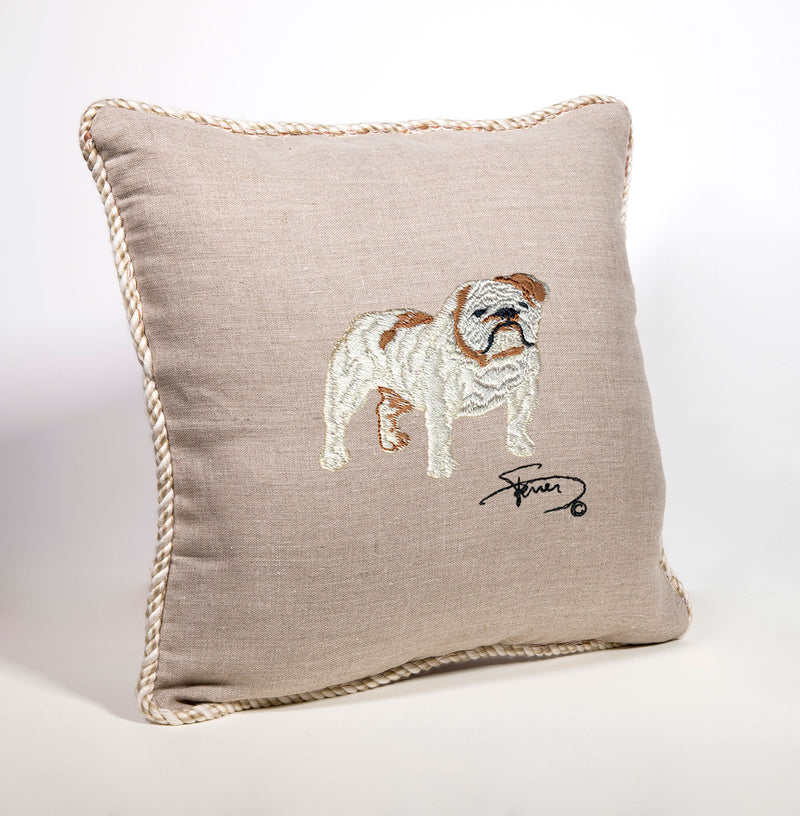 Cushion with tab and embroidered motif in Bulldog wool