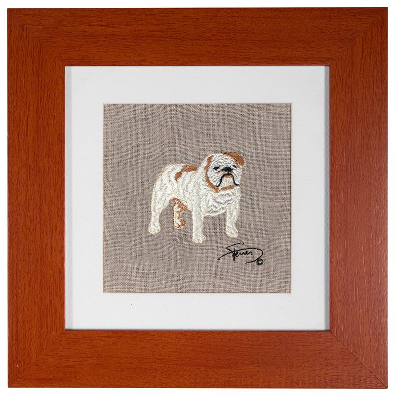 Painting with wooden frame colors embroidered motif Bulldog