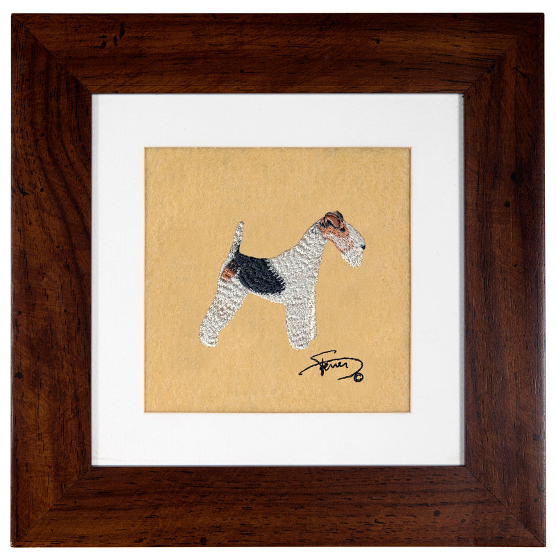 Cuadro con marco madera colores motivo bordado Fox Terrier Blanco