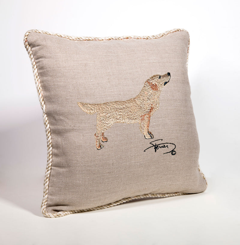 Cushion with tab and embroidered motif in wool Golden Retrevier
