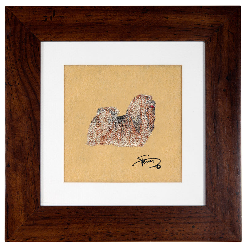 Painting with wooden frame colors embroidered motif Lhasa Apso