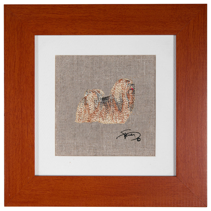 Painting with wooden frame colors embroidered motif Lhasa Apso