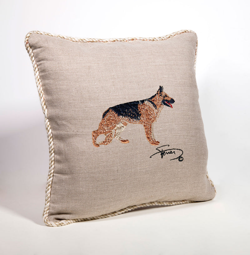 Cushion with tab and embroidered motif in wool German Shepherd