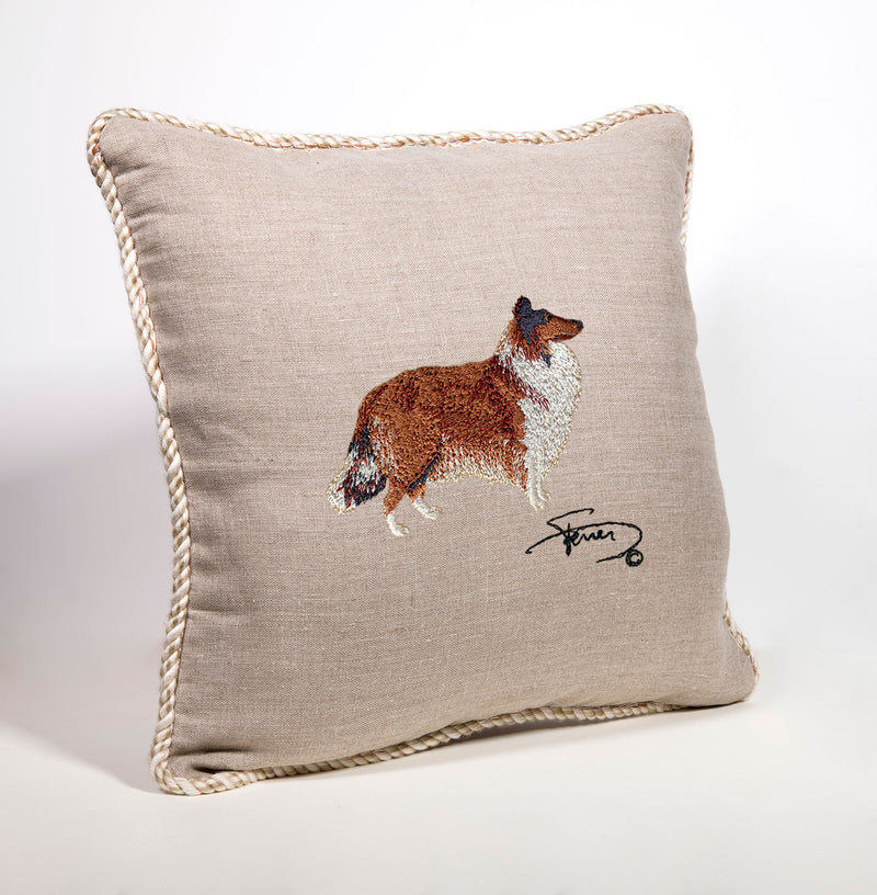 Cushion with tab and Scottish Shepherd wool embroidered motif