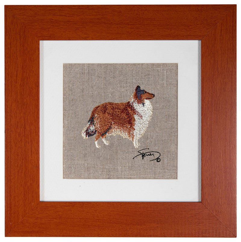 Painting with wooden frame colors Scottish Shepherd embroidery motif
