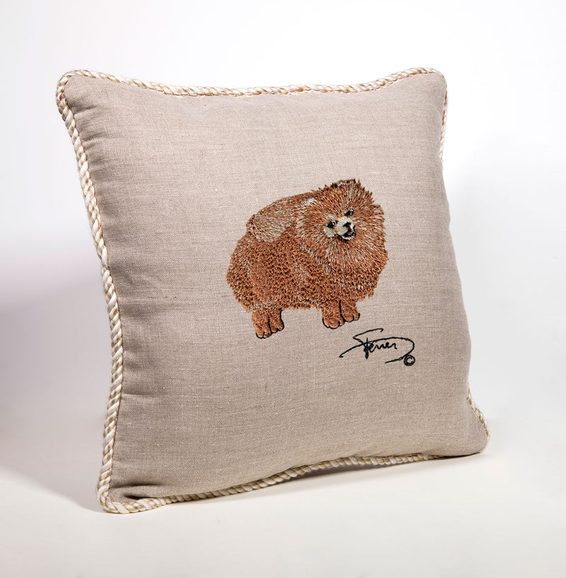 Cushion with tab and embroidered motif in Pomeranian wool