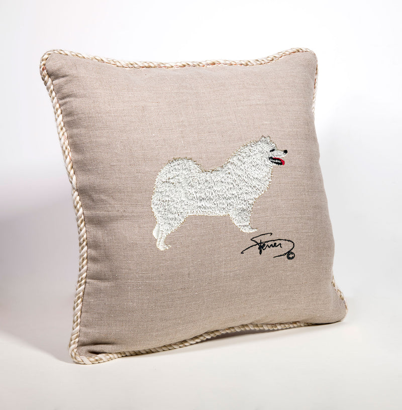 Cushion with tab and embroidered motif in Samoyed wool