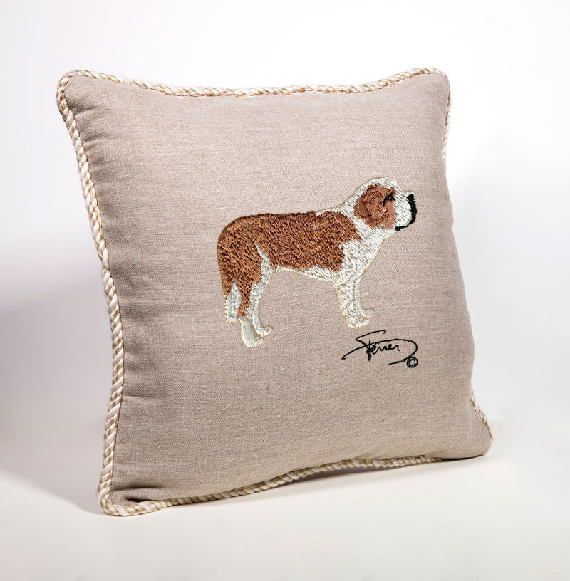 Cushion with tab and embroidered motif in San Bernardo wool