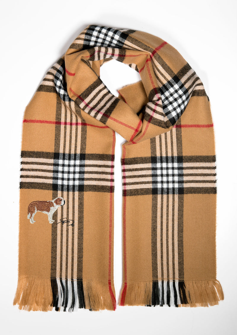 Plain scarf with embroidered Saint Bernard motif