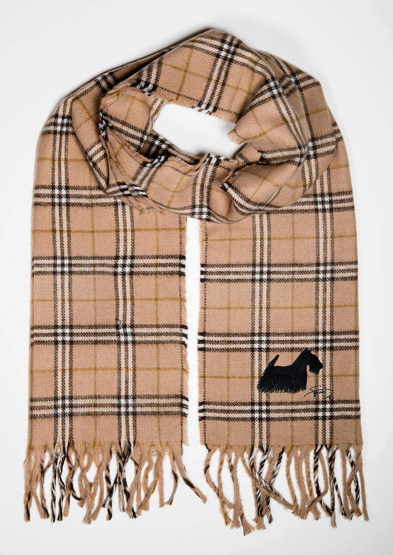 Scottish Terrier fine check embroidered scarf