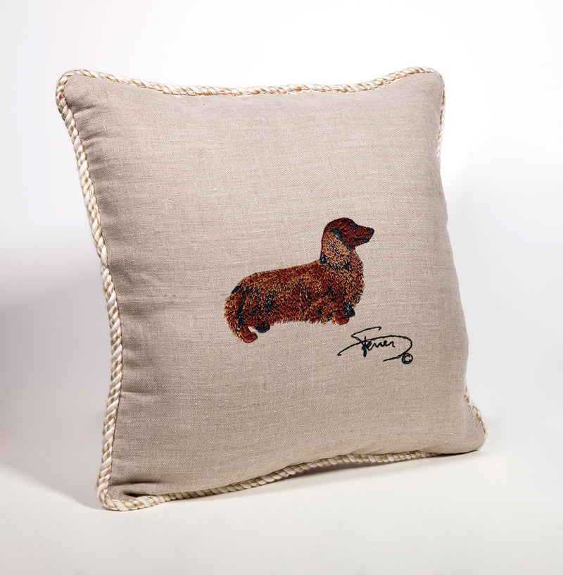 Cushion with tab and embroidered motif in wool Dachshund Long Hair