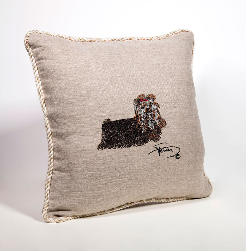 Cushion with tab and embroidered motif in wool Yorkshire Terrier