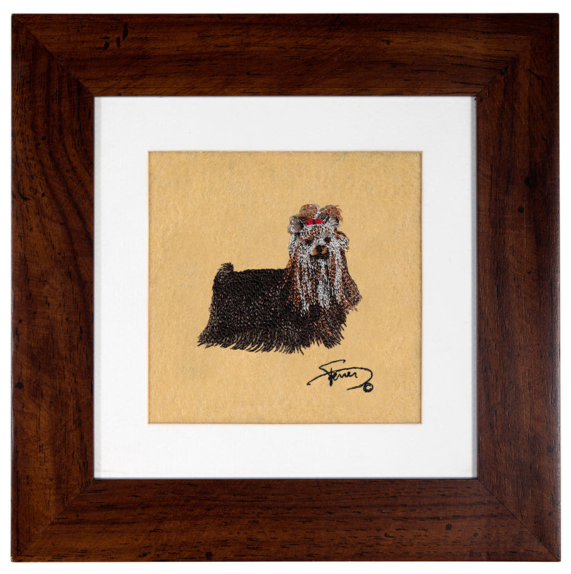 Cuadro con marco madera colores motivo bordado Yorkshire Terrier